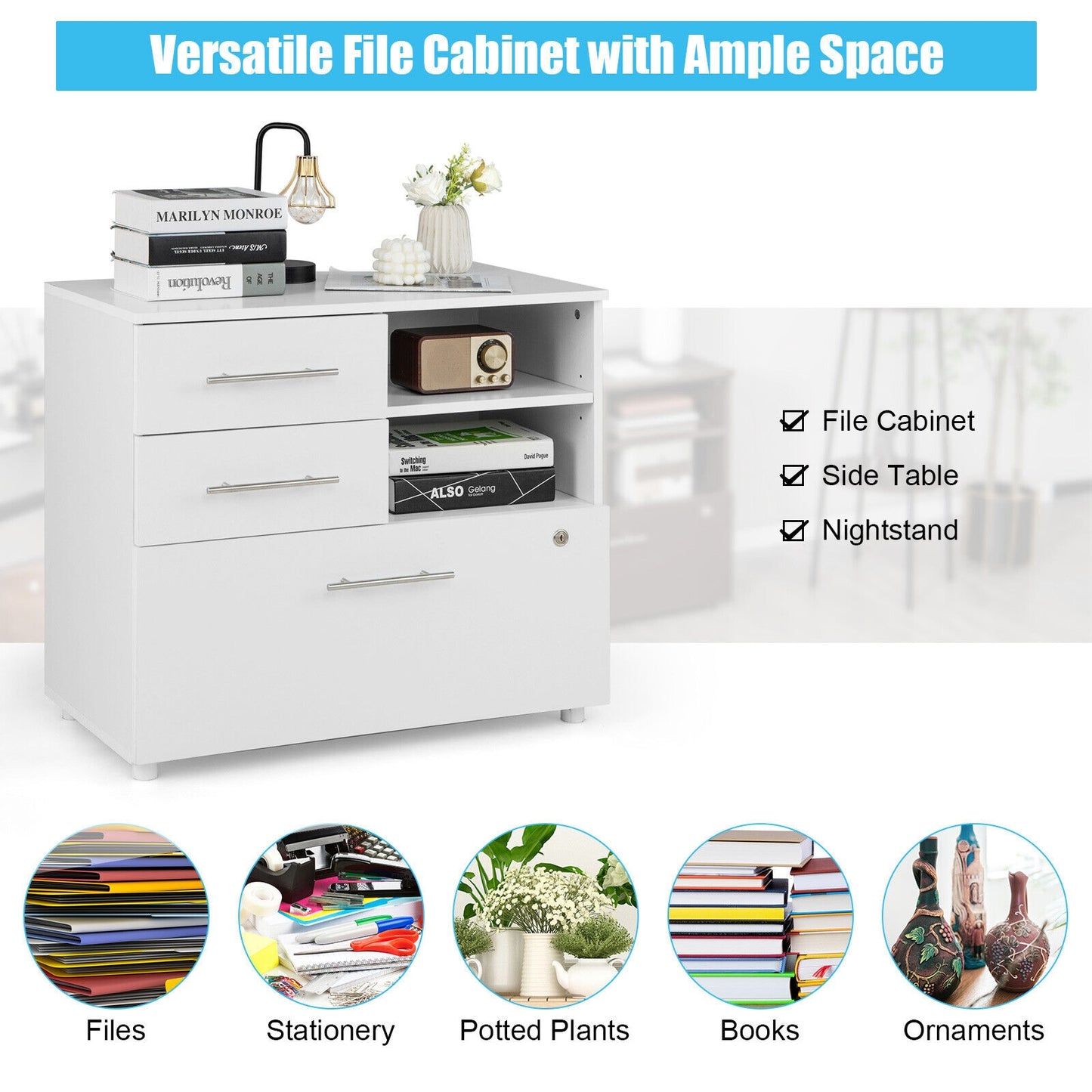 3 Drawer Lateral File Cabinet on Wheels with Storage Shelves-White Kids Crystal