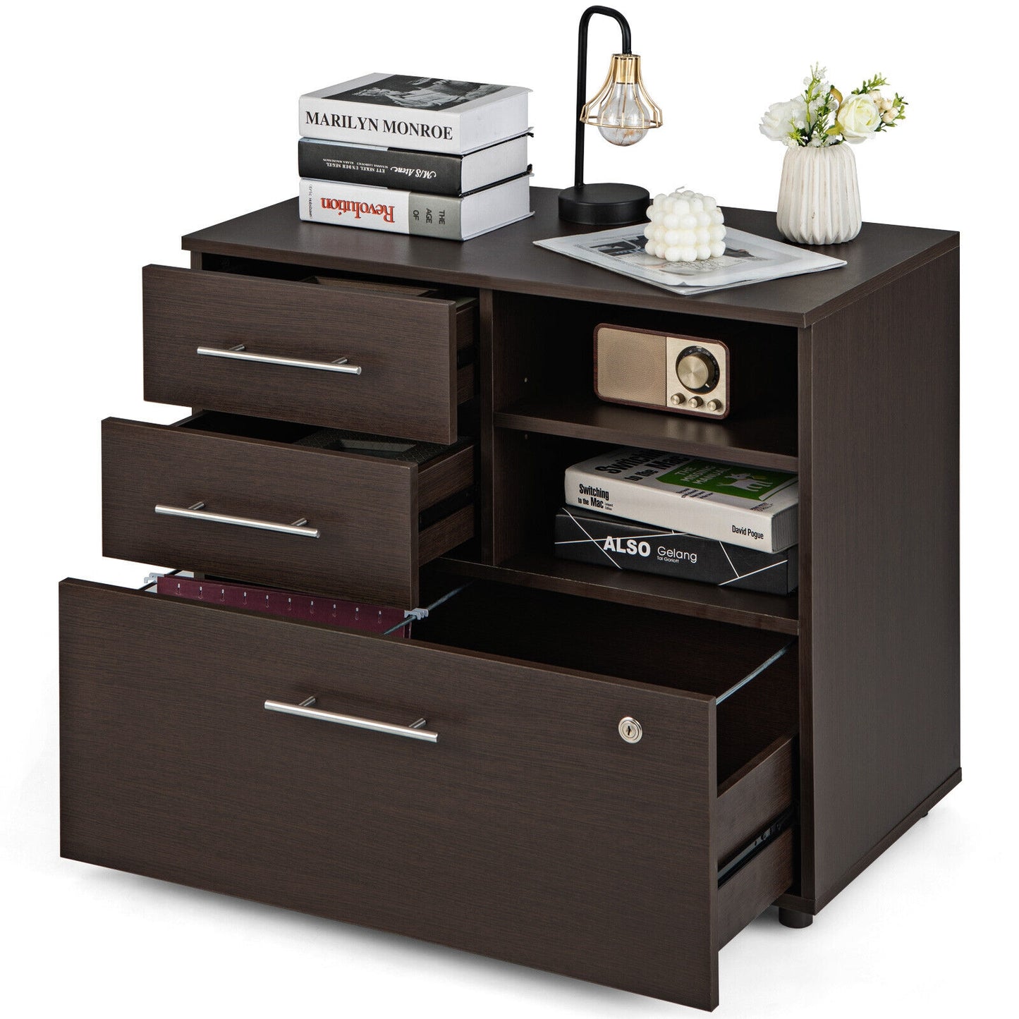 3 Drawer Lateral File Cabinet on Wheels with Storage Shelves-Brown Kids Crystal