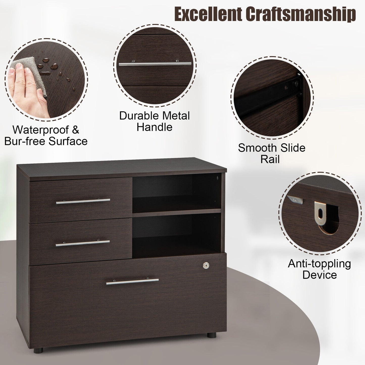 3 Drawer Lateral File Cabinet on Wheels with Storage Shelves-Brown Kids Crystal