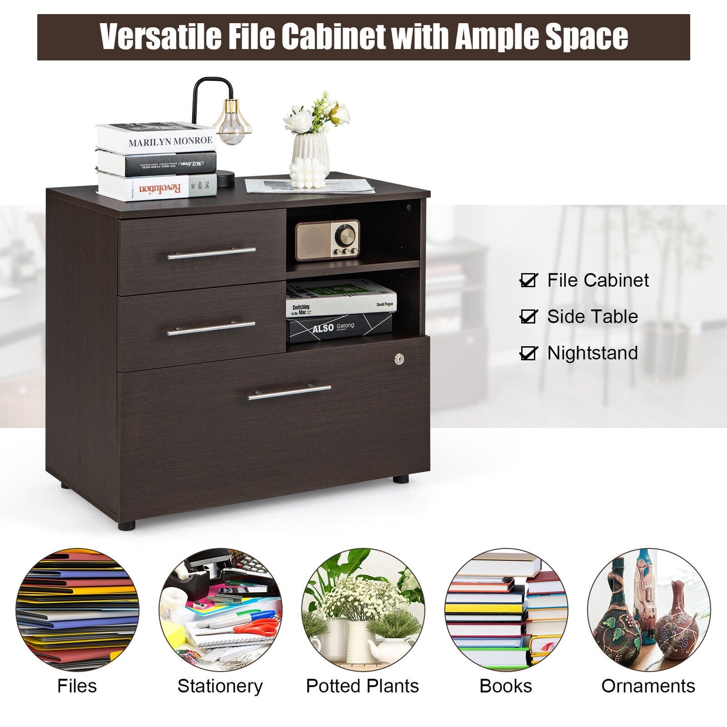 3 Drawer Lateral File Cabinet on Wheels with Storage Shelves-Brown Kids Crystal