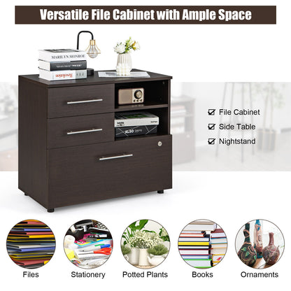 3 Drawer Lateral File Cabinet on Wheels with Storage Shelves-Brown