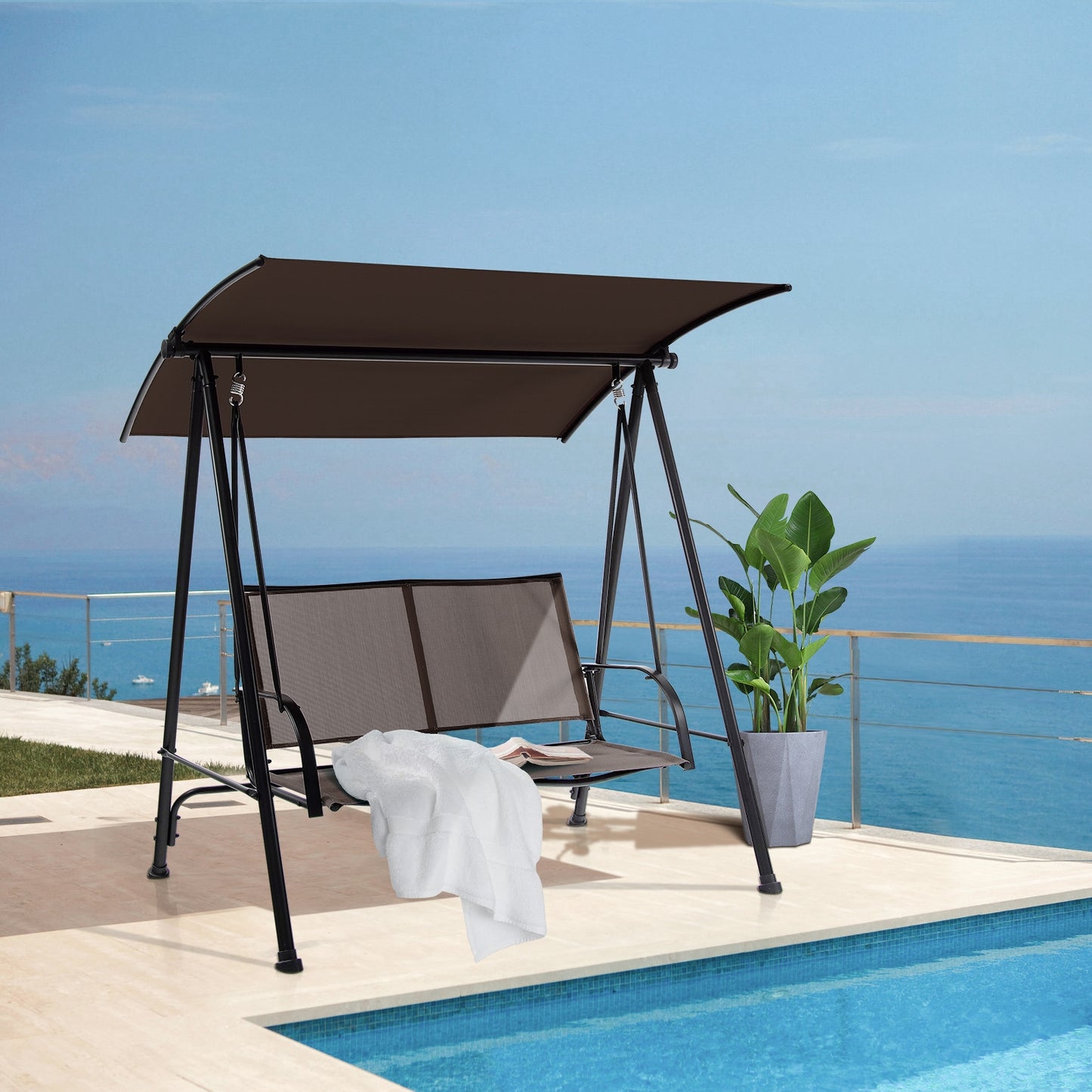 2-Seat Outdoor Canopy Swing with Comfortable Fabric Seat and Heavy-duty Metal Frame-Brown Kids Crystal