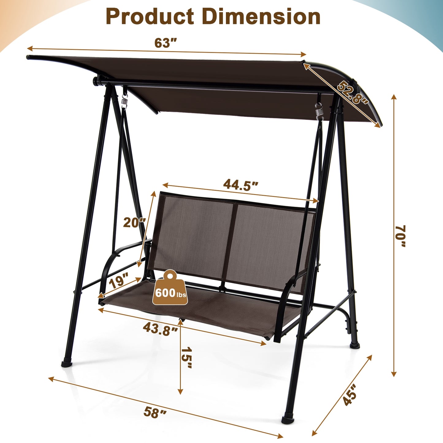 2-Seat Outdoor Canopy Swing with Comfortable Fabric Seat and Heavy-duty Metal Frame-Brown Kids Crystal