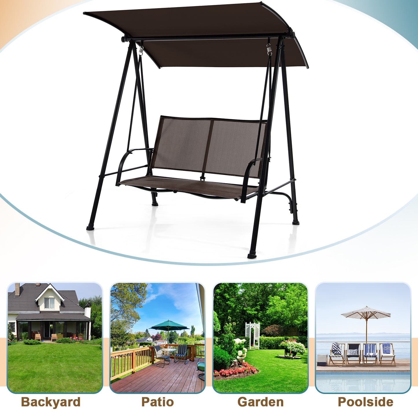 2-Seat Outdoor Canopy Swing with Comfortable Fabric Seat and Heavy-duty Metal Frame-Brown Kids Crystal