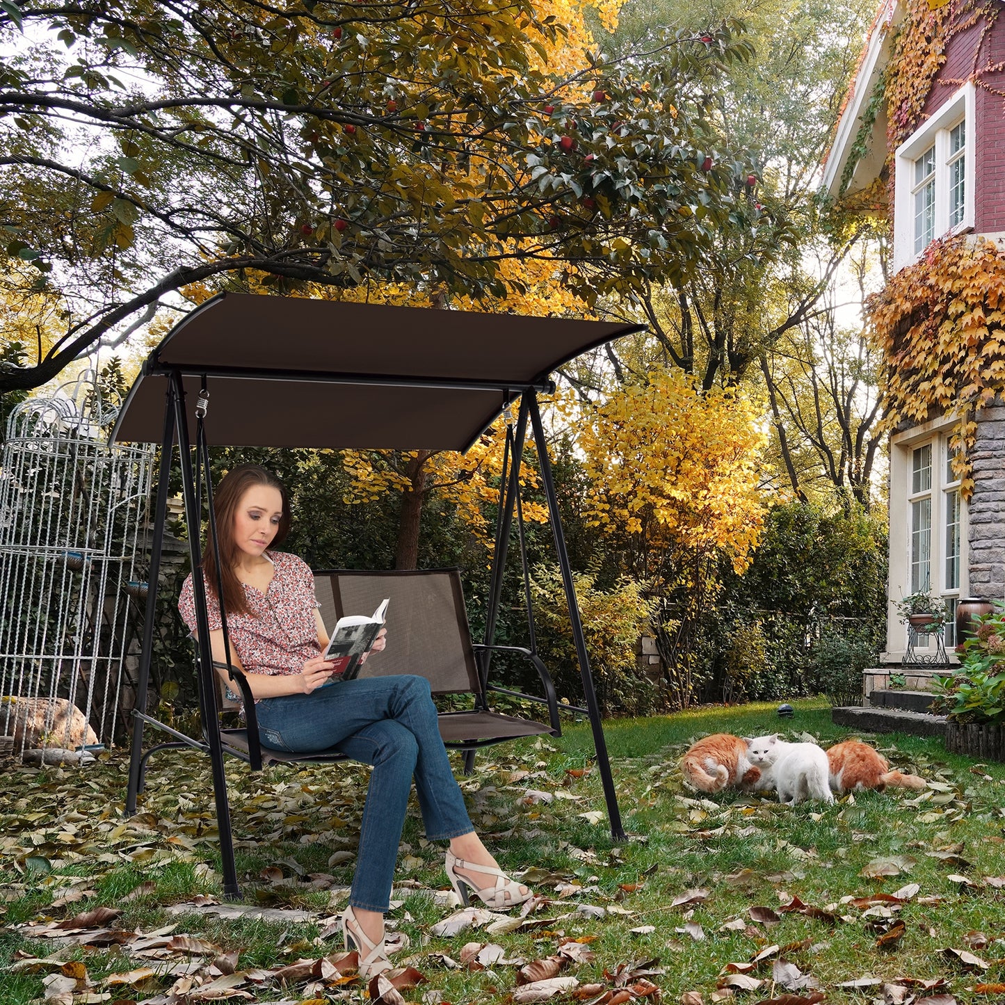 2-Seat Outdoor Canopy Swing with Comfortable Fabric Seat and Heavy-duty Metal Frame-Brown Kids Crystal