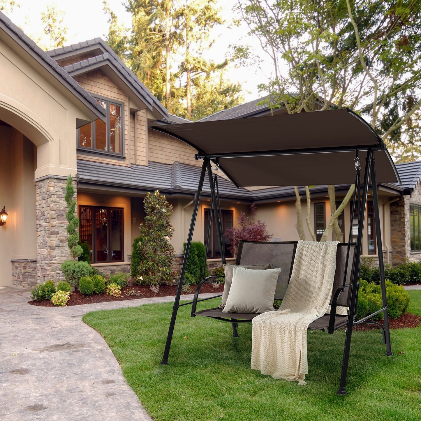 2-Seat Outdoor Canopy Swing with Comfortable Fabric Seat and Heavy-duty Metal Frame-Brown Kids Crystal