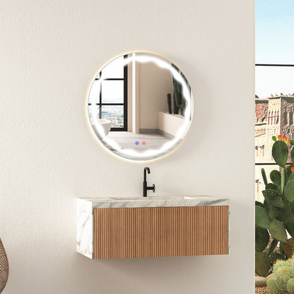 24 Inch Round Wall Mirror with 3-Color LED Lights and Smart Touch Button