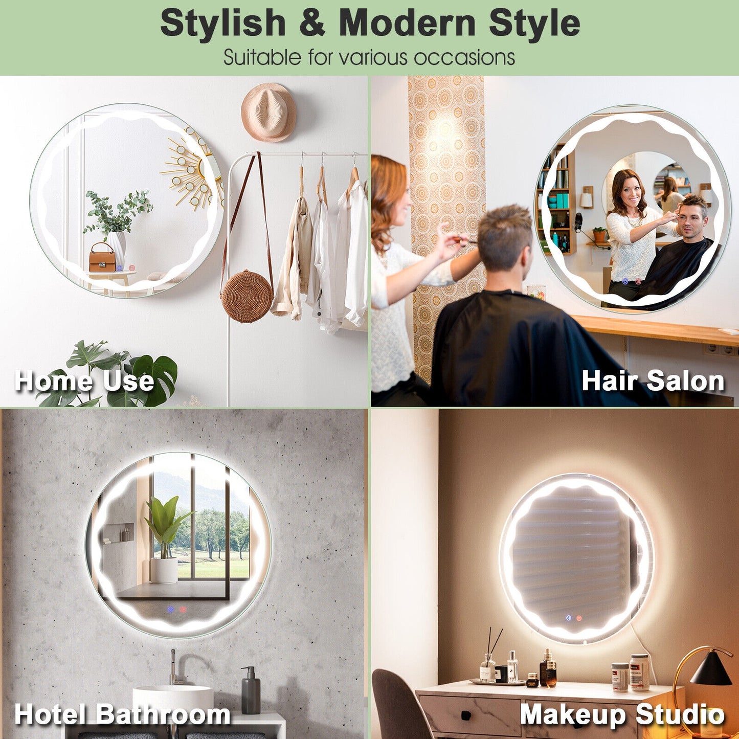 24 Inch Round Wall Mirror with 3-Color LED Lights and Smart Touch Button Kids Crystal