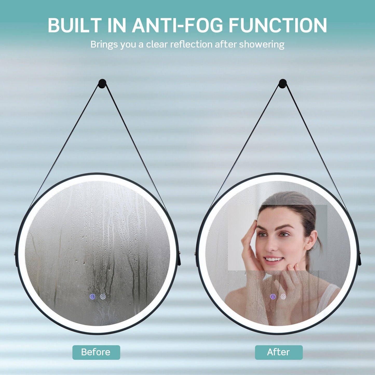 24 Inch Round Wall-mounted Mirror with 3 Color LED Lights and Anti-Fog Function Kids Crystal