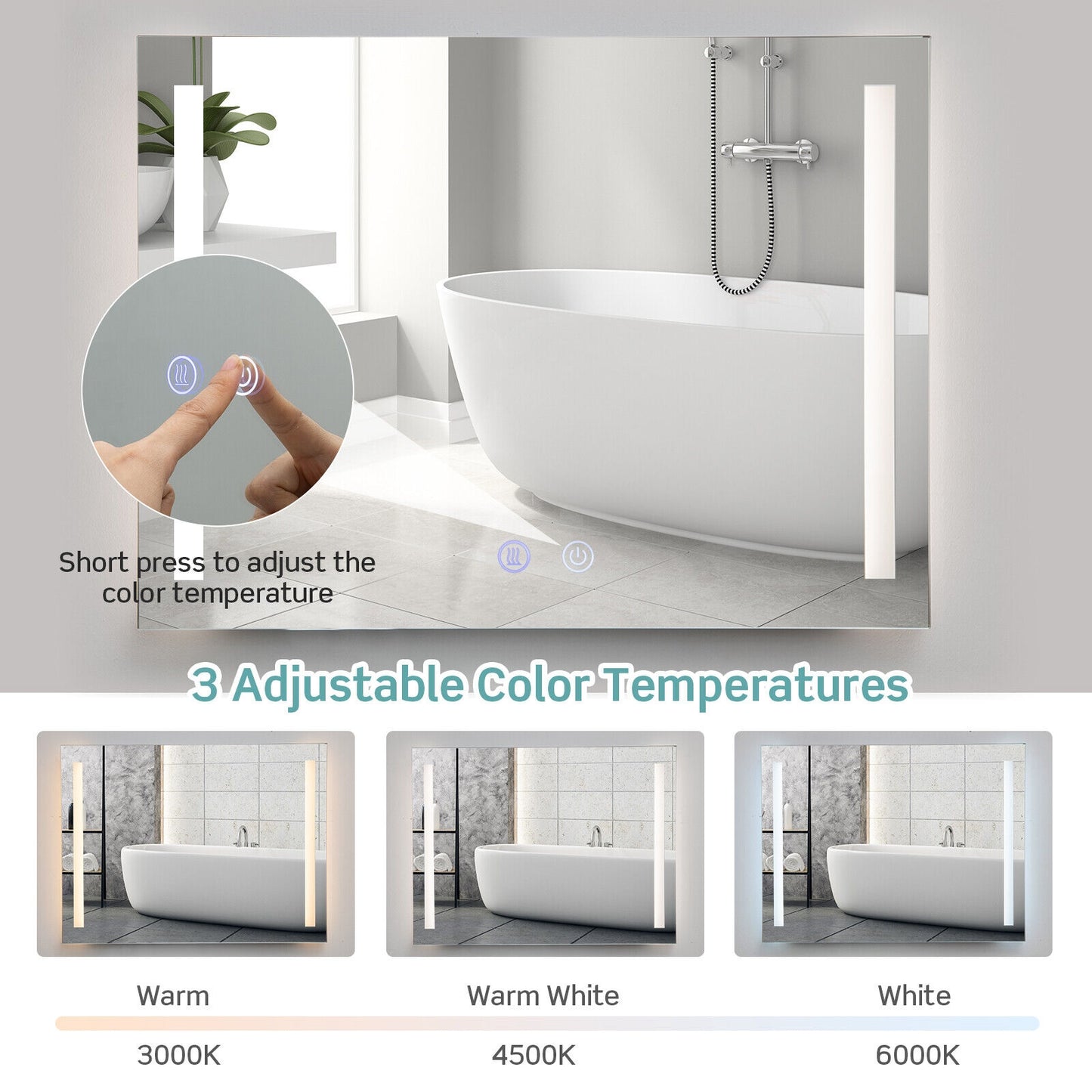 32 x 24 Inch Quadrate Wall Mirror with 3-Color Lights and Anti-Fog Function Kids Crystal