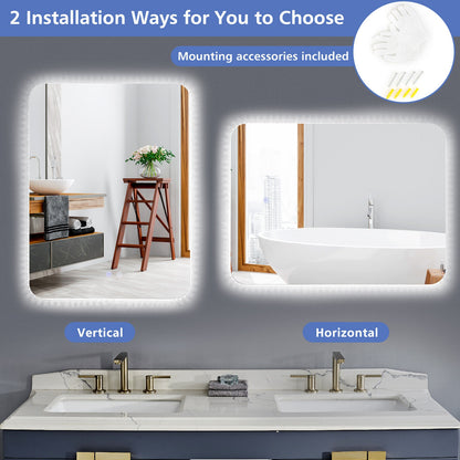 32 x 24 Inch Shatterproof Wall Mirror with 3-Color Lights and Anti-Fog Function