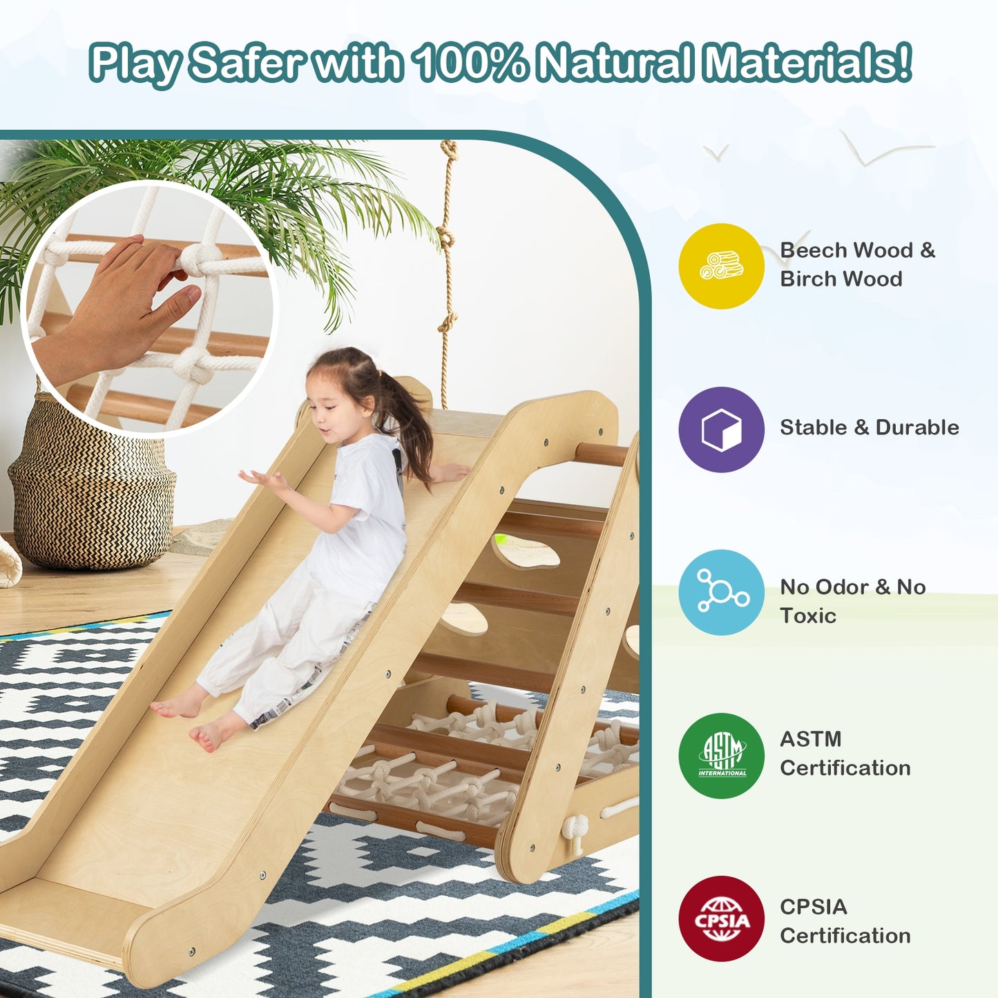 4 in 1 Triangle Climber Toy with Sliding Board and Climbing Net-Natural Kids Crystal