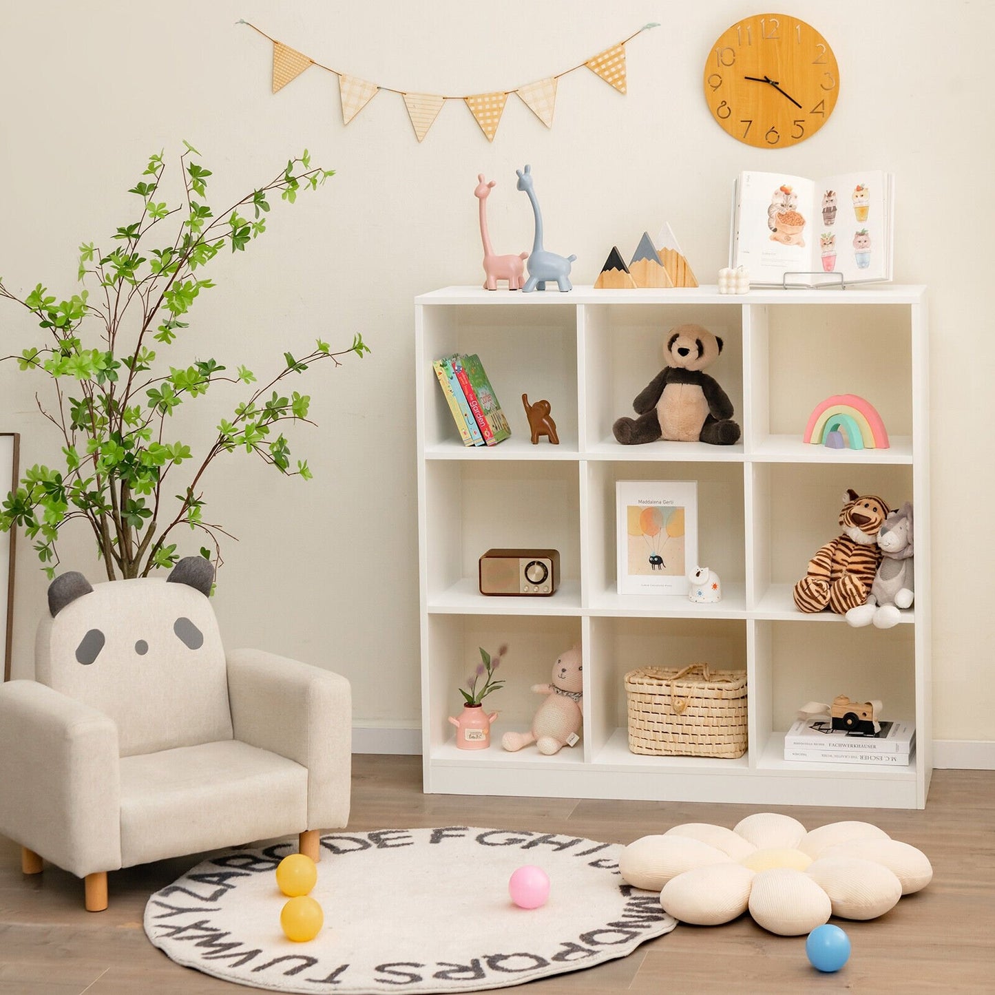 Modern 9-Cube Bookcase with 2 Anti-Tipping Kits for Books Toys Ornaments-White Kids Crystal