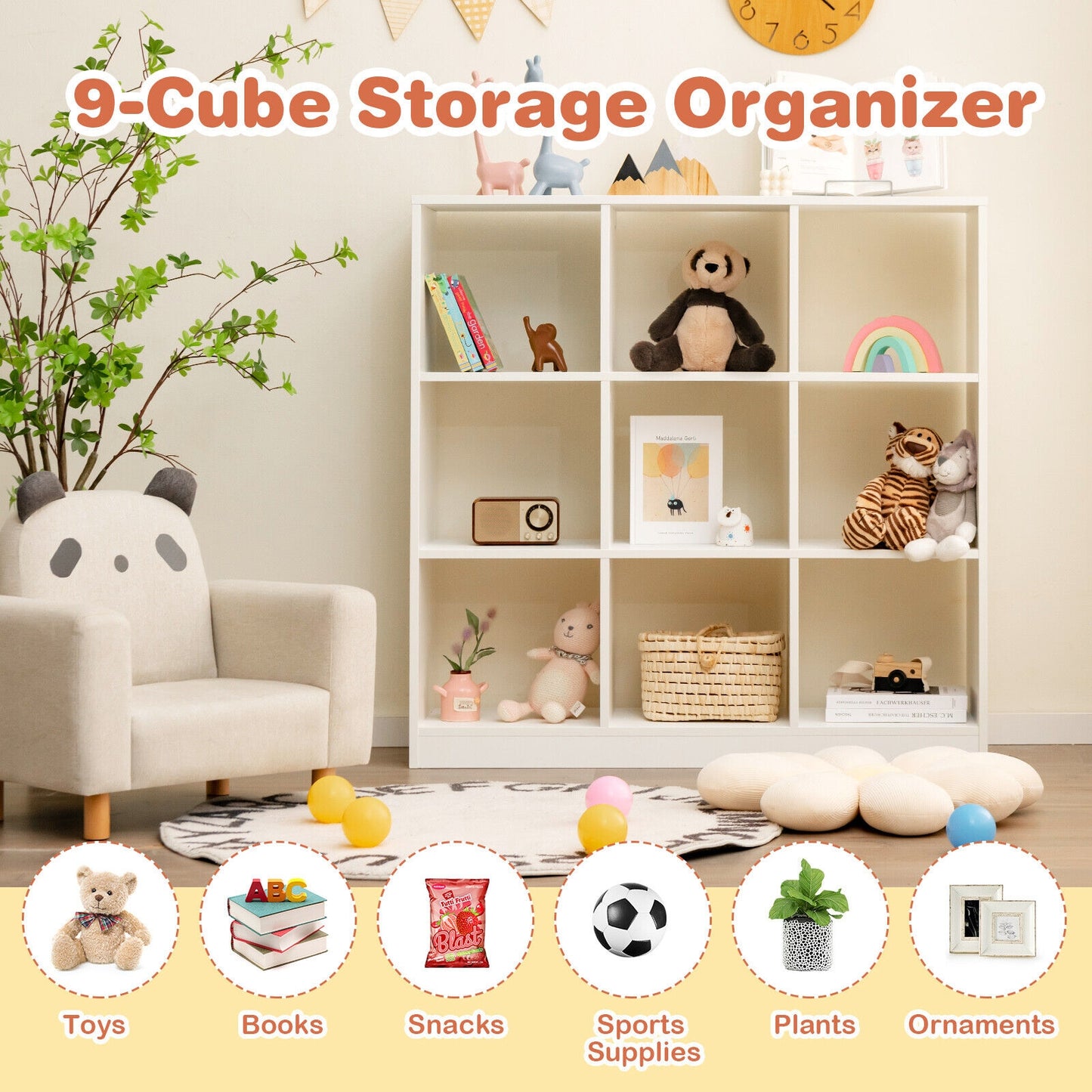 Modern 9-Cube Bookcase with 2 Anti-Tipping Kits for Books Toys Ornaments-White Kids Crystal