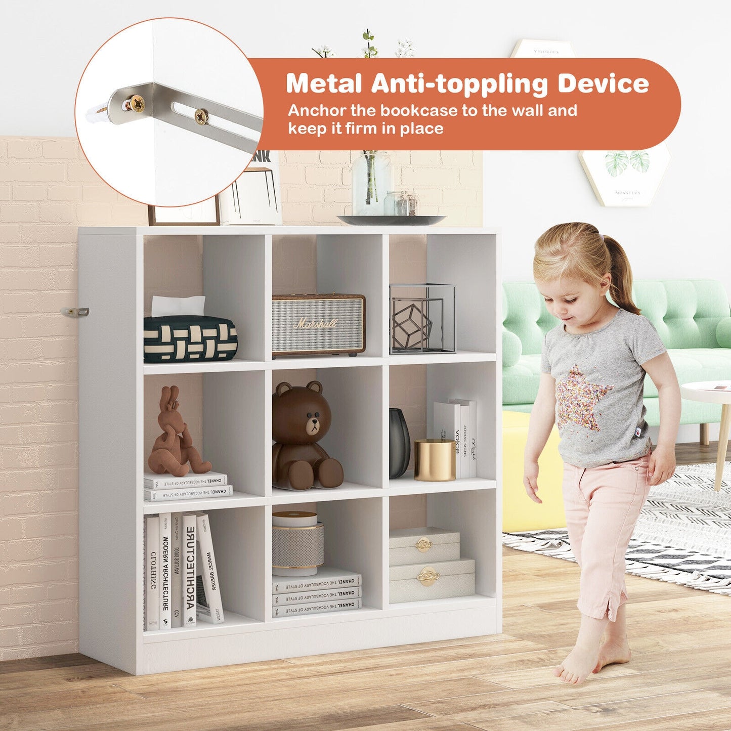 Modern 9-Cube Bookcase with 2 Anti-Tipping Kits for Books Toys Ornaments-White Kids Crystal