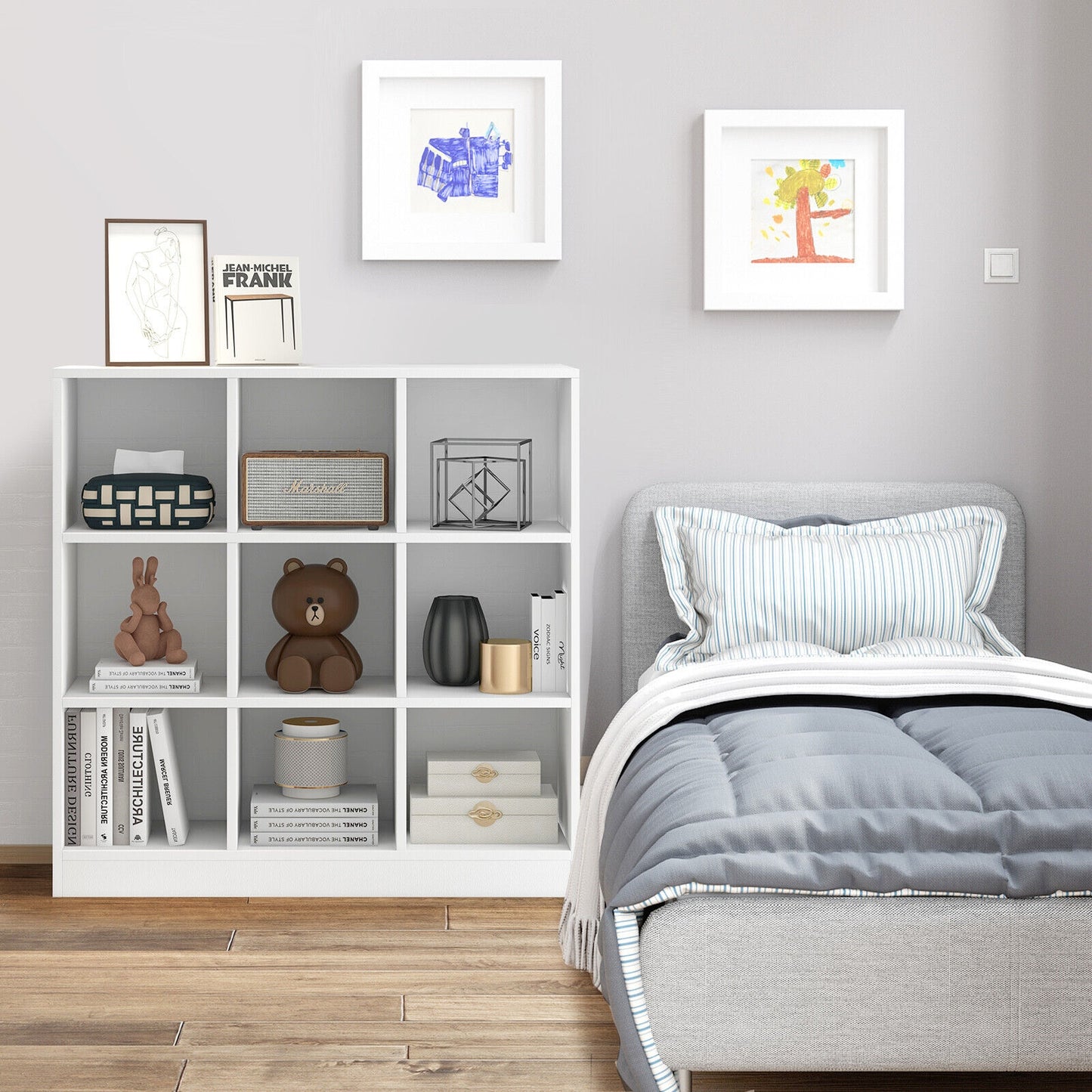Modern 9-Cube Bookcase with 2 Anti-Tipping Kits for Books Toys Ornaments-White Kids Crystal