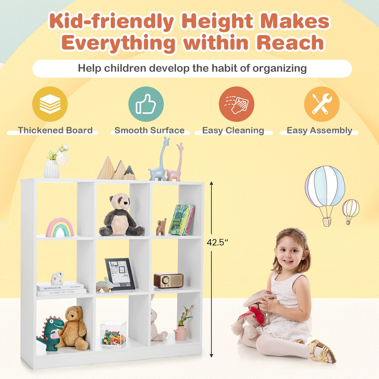 Modern 9-Cube Bookcase with 2 Anti-Tipping Kits for Books Toys Ornaments-White Kids Crystal