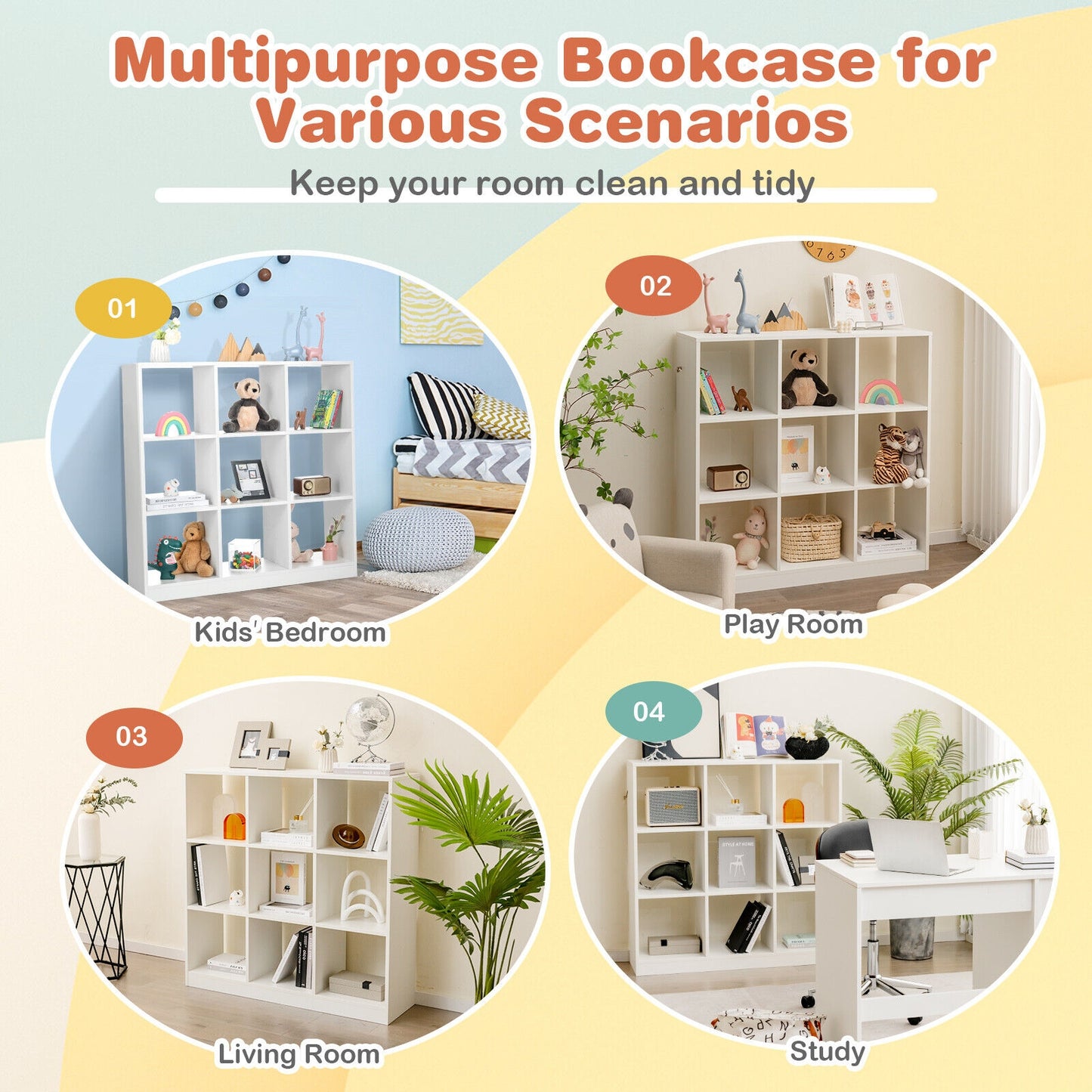 Modern 9-Cube Bookcase with 2 Anti-Tipping Kits for Books Toys Ornaments-White Kids Crystal