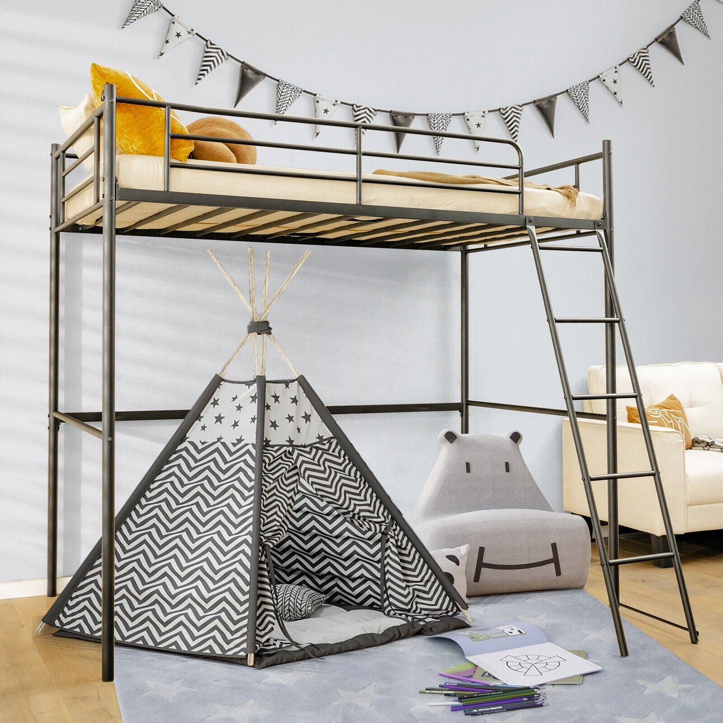 Twin Metal Loft Bed with Ladderand High Guard Rails-Black Kids Crystal