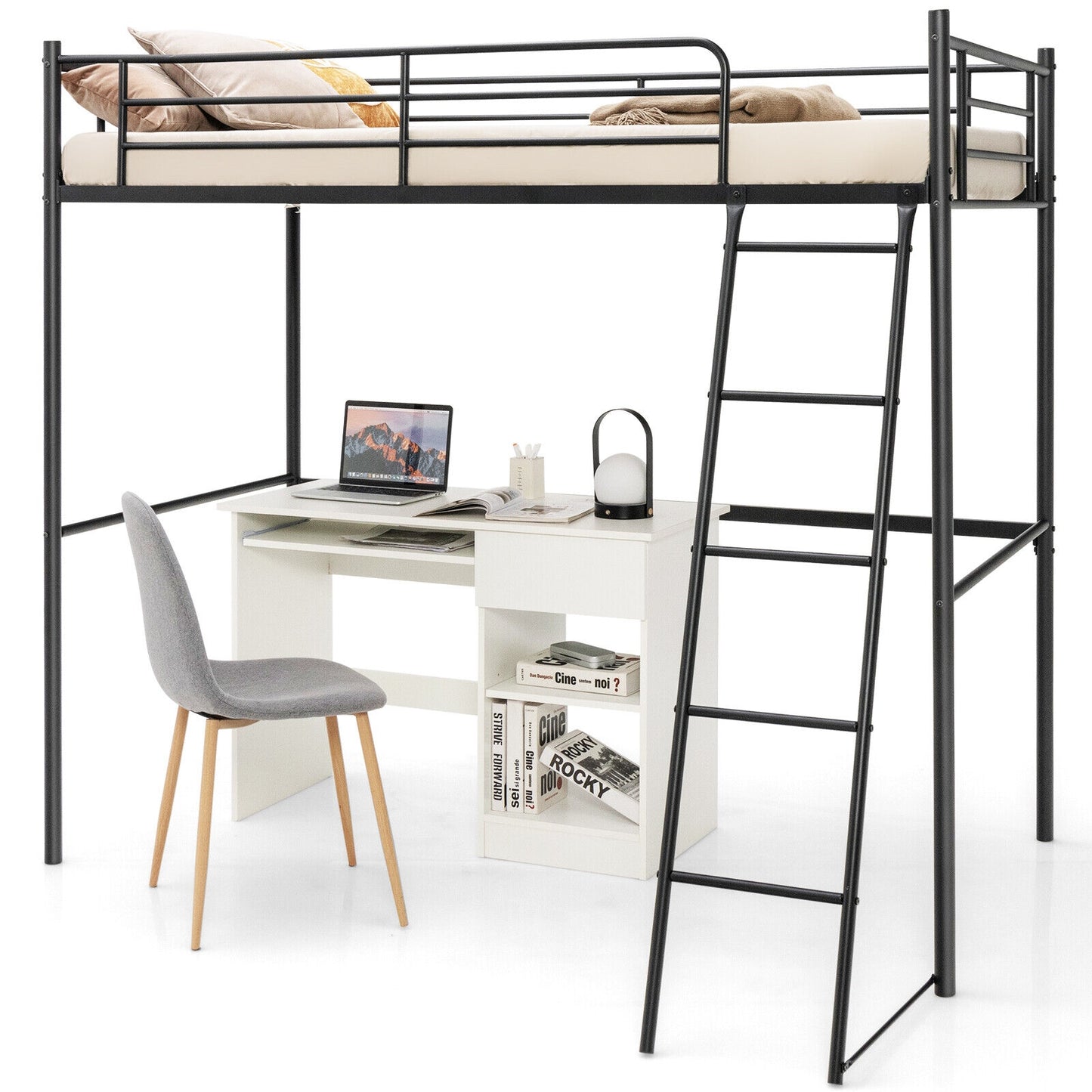Twin Metal Loft Bed with Ladderand High Guard Rails-Black Kids Crystal