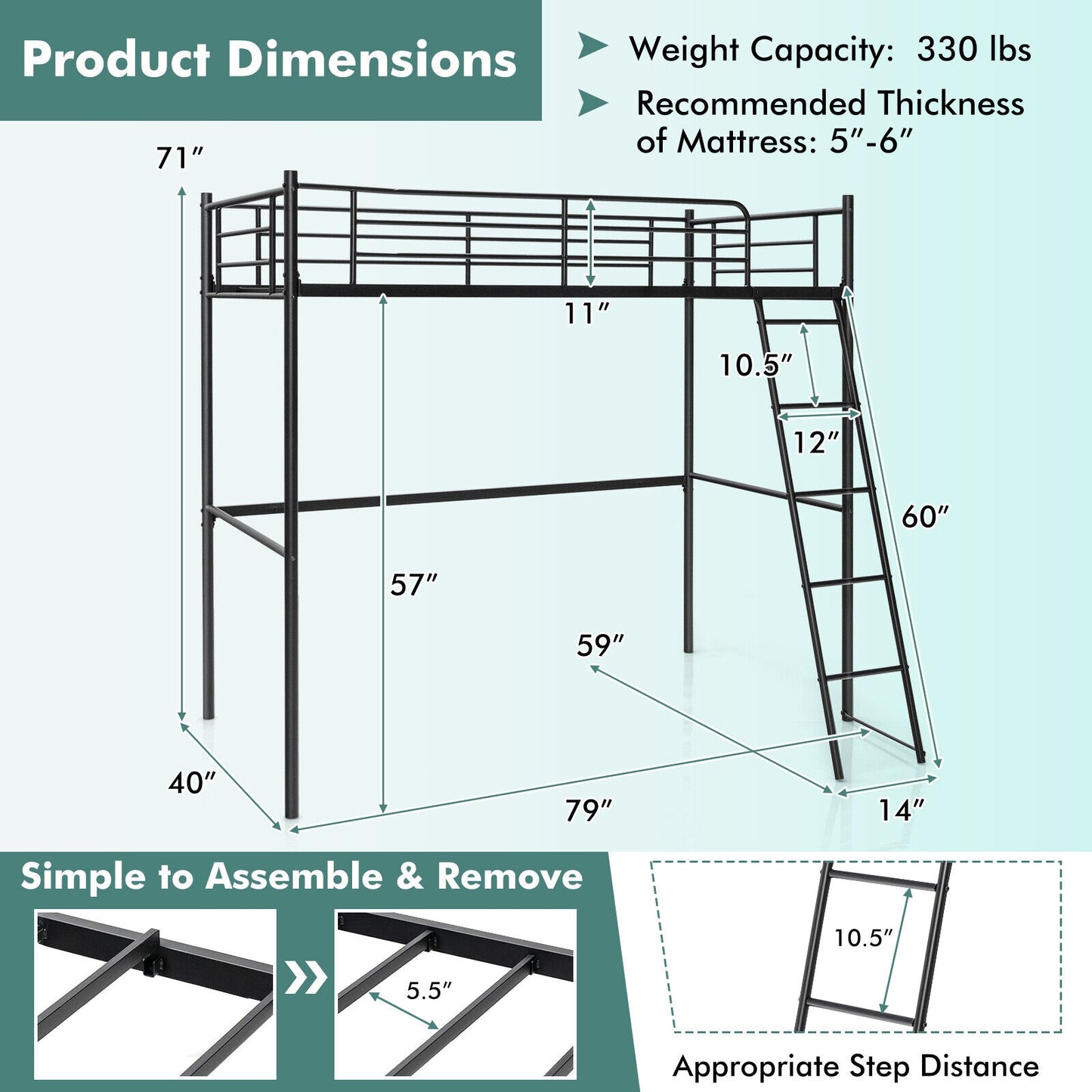 Twin Metal Loft Bed with Ladderand High Guard Rails-Black Kids Crystal