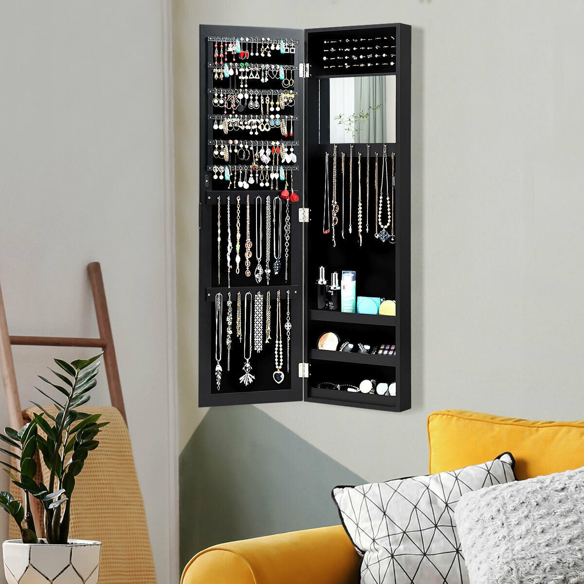 Full Length Mirror Jewelry Cabinet with Ring Slots and Necklace Hooks-Black Kids Crystal