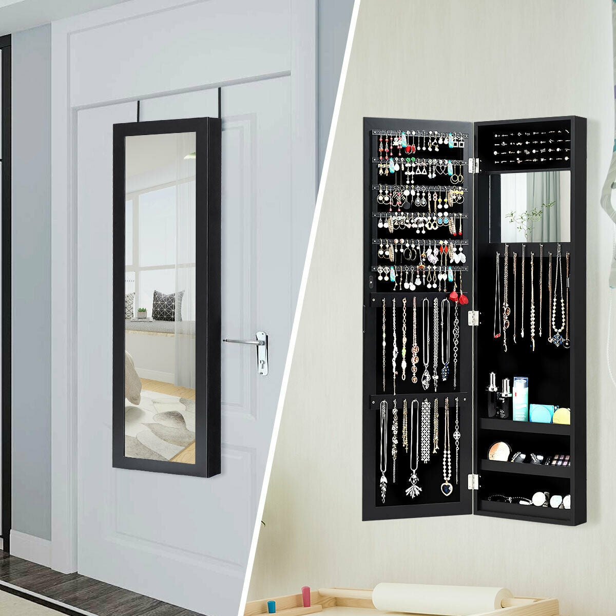 Full Length Mirror Jewelry Cabinet with Ring Slots and Necklace Hooks-Black Kids Crystal