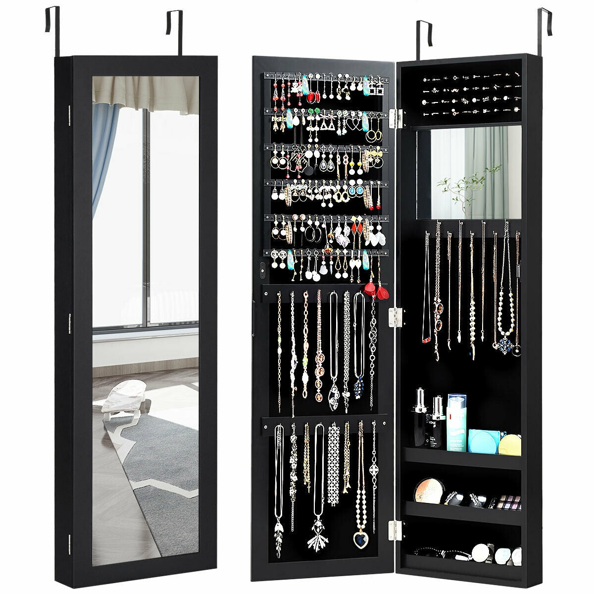 Full Length Mirror Jewelry Cabinet with Ring Slots and Necklace Hooks-Black Kids Crystal