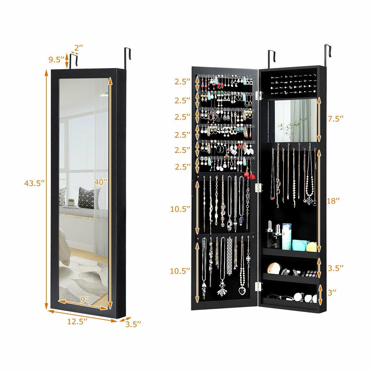 Full Length Mirror Jewelry Cabinet with Ring Slots and Necklace Hooks-Black Kids Crystal