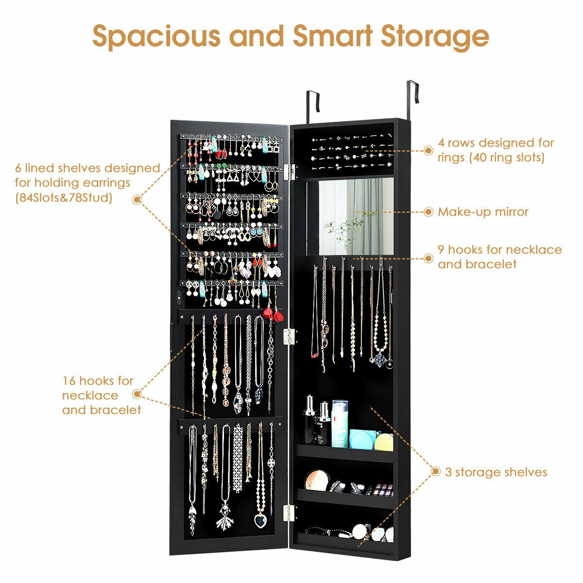 Full Length Mirror Jewelry Cabinet with Ring Slots and Necklace Hooks-Black Kids Crystal