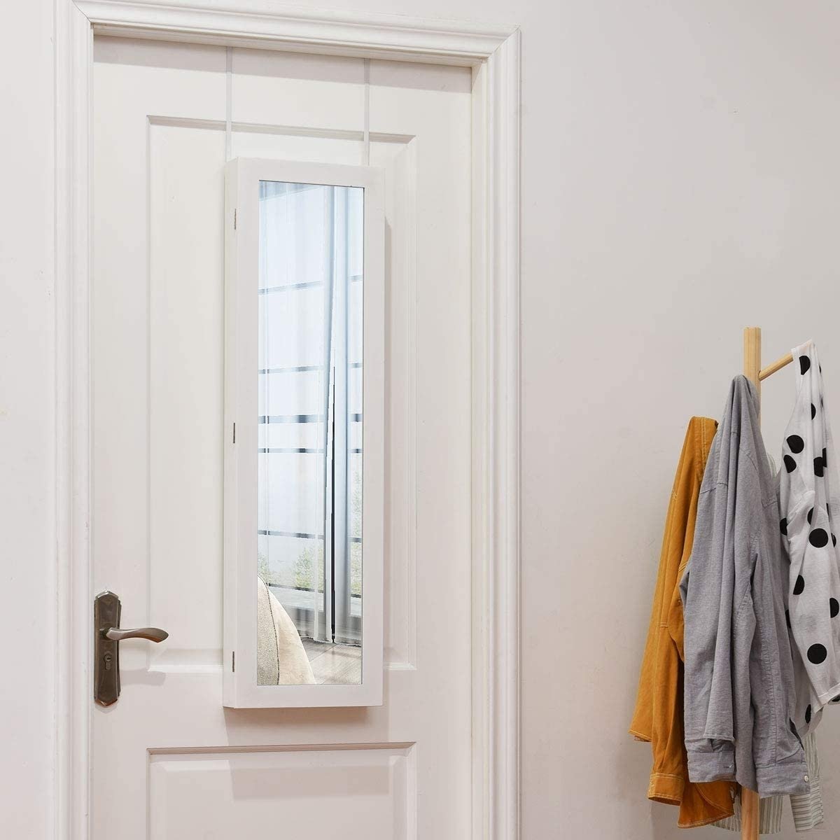 Full Length Mirror Jewelry Cabinet with Ring Slots and Necklace Hooks-White Kids Crystal