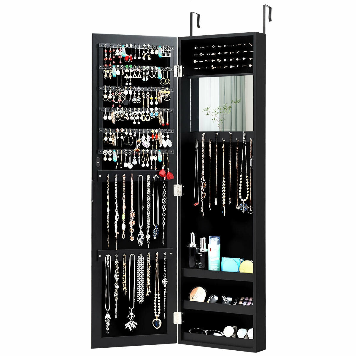 Full Length Mirror Jewelry Cabinet with Ring Slots and Necklace Hooks-Black Kids Crystal