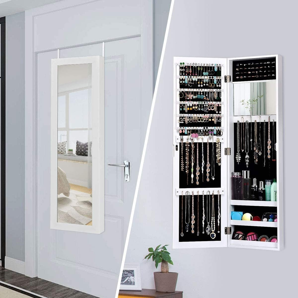 Full Length Mirror Jewelry Cabinet with Ring Slots and Necklace Hooks-White Kids Crystal