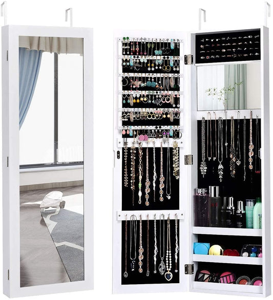 Full Length Mirror Jewelry Cabinet with Ring Slots and Necklace Hooks-White Kids Crystal
