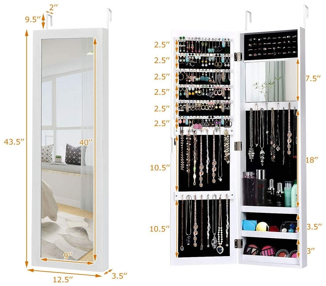 Full Length Mirror Jewelry Cabinet with Ring Slots and Necklace Hooks-White Kids Crystal