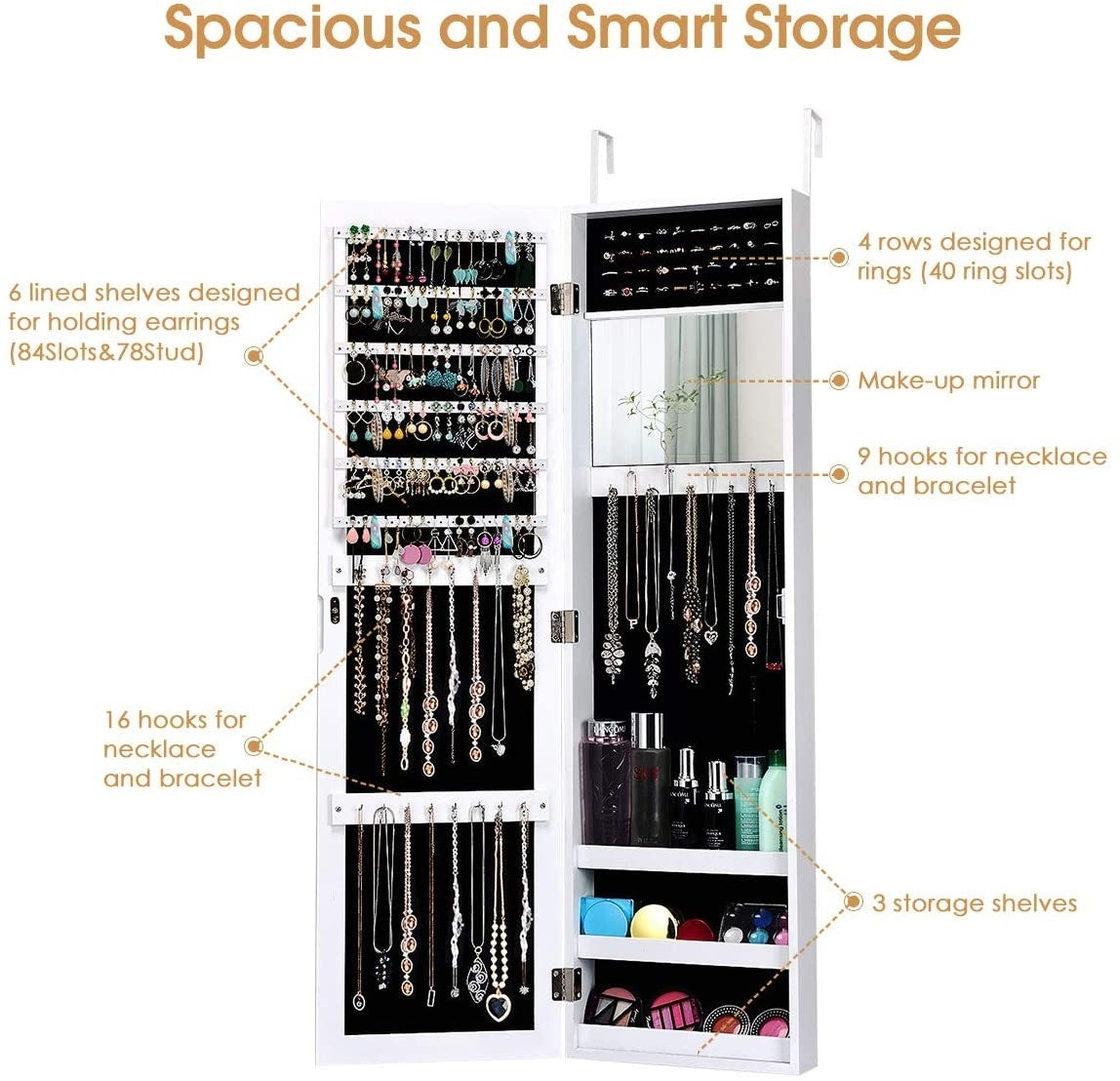 Full Length Mirror Jewelry Cabinet with Ring Slots and Necklace Hooks-White Kids Crystal
