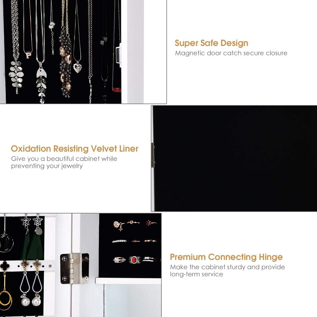 Full Length Mirror Jewelry Cabinet with Ring Slots and Necklace Hooks-White Kids Crystal