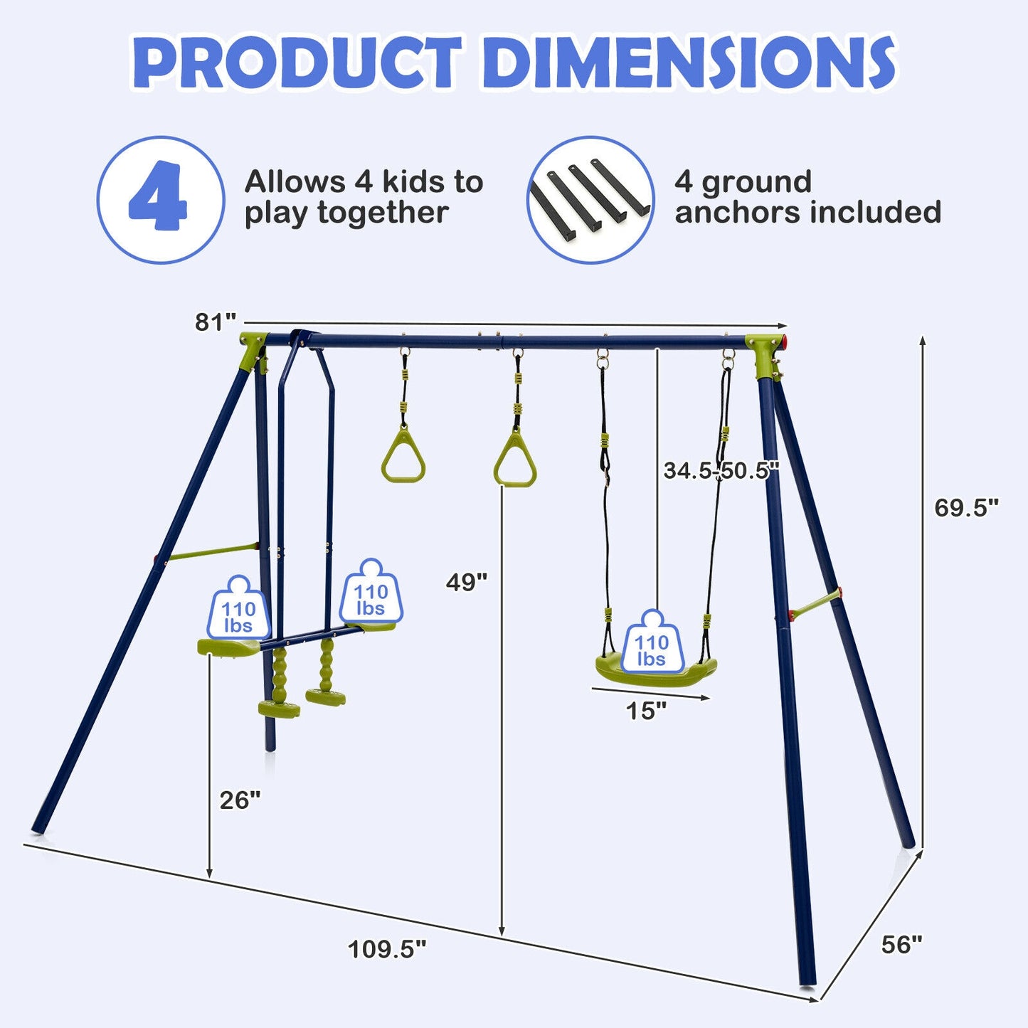 3-in-1 Outdoor Swing Set for Kids Aged 3 to 10 Kids Crystal