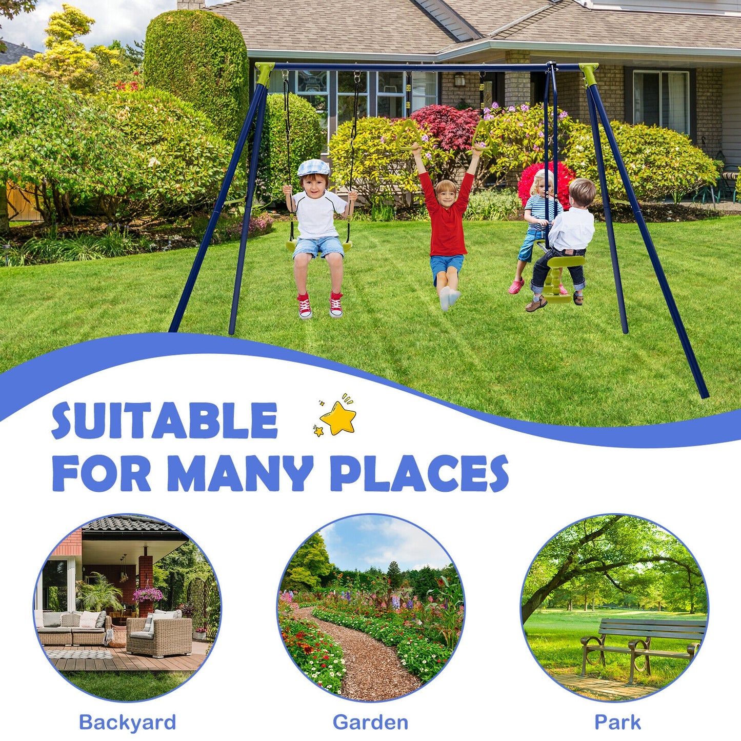 3-in-1 Outdoor Swing Set for Kids Aged 3 to 10 Kids Crystal