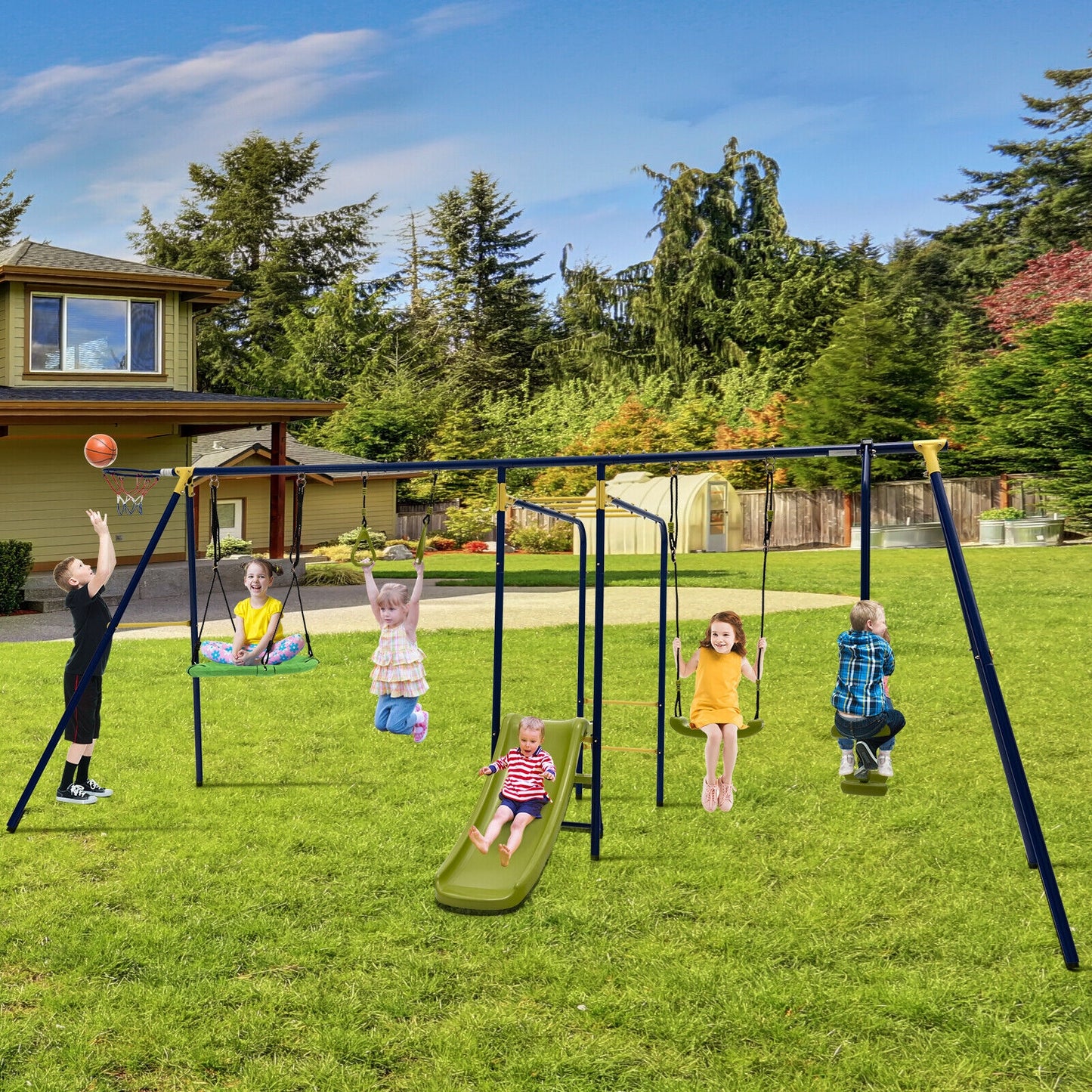 7-in-1 Stable A-shaped Outdoor Swing Set for Backyard Kids Crystal