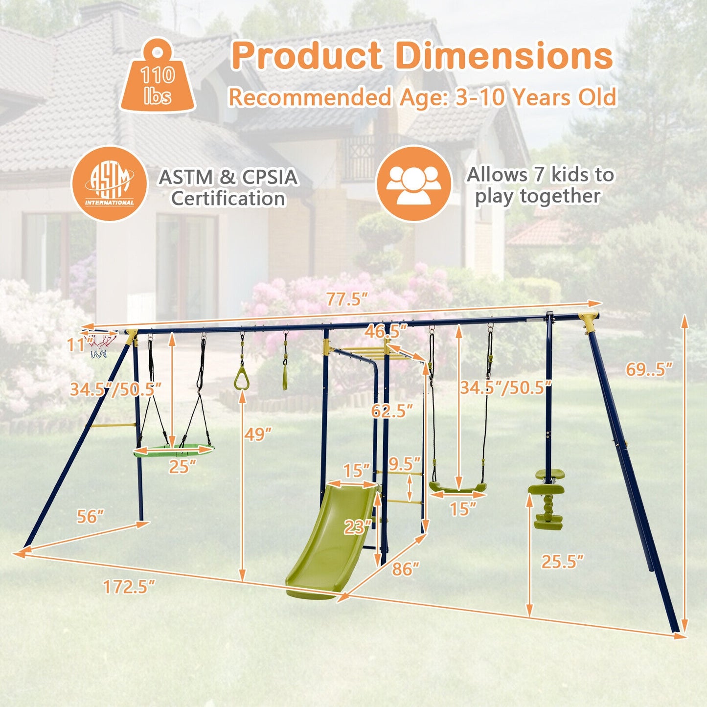 7-in-1 Stable A-shaped Outdoor Swing Set for Backyard Kids Crystal