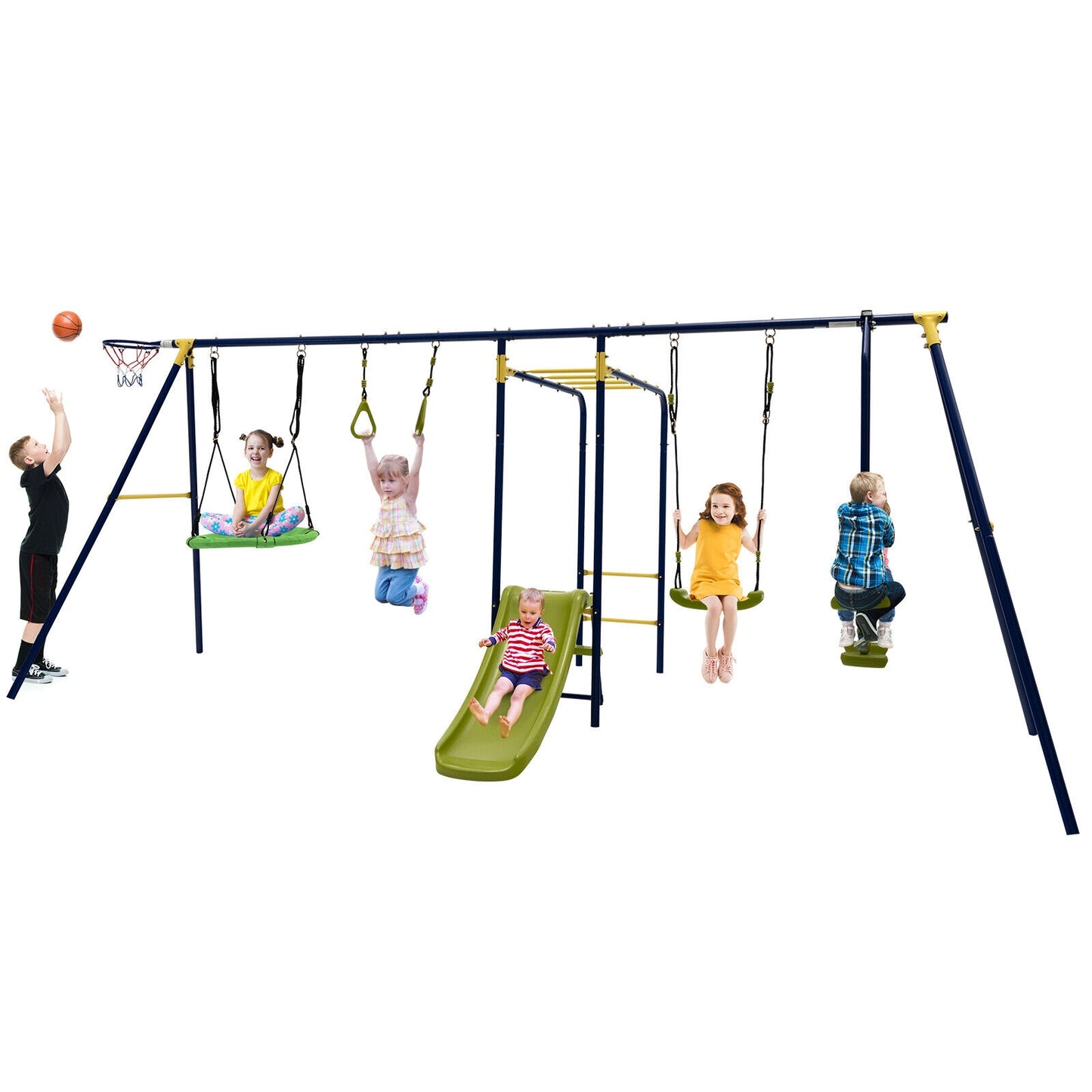 7-in-1 Stable A-shaped Outdoor Swing Set for Backyard Kids Crystal