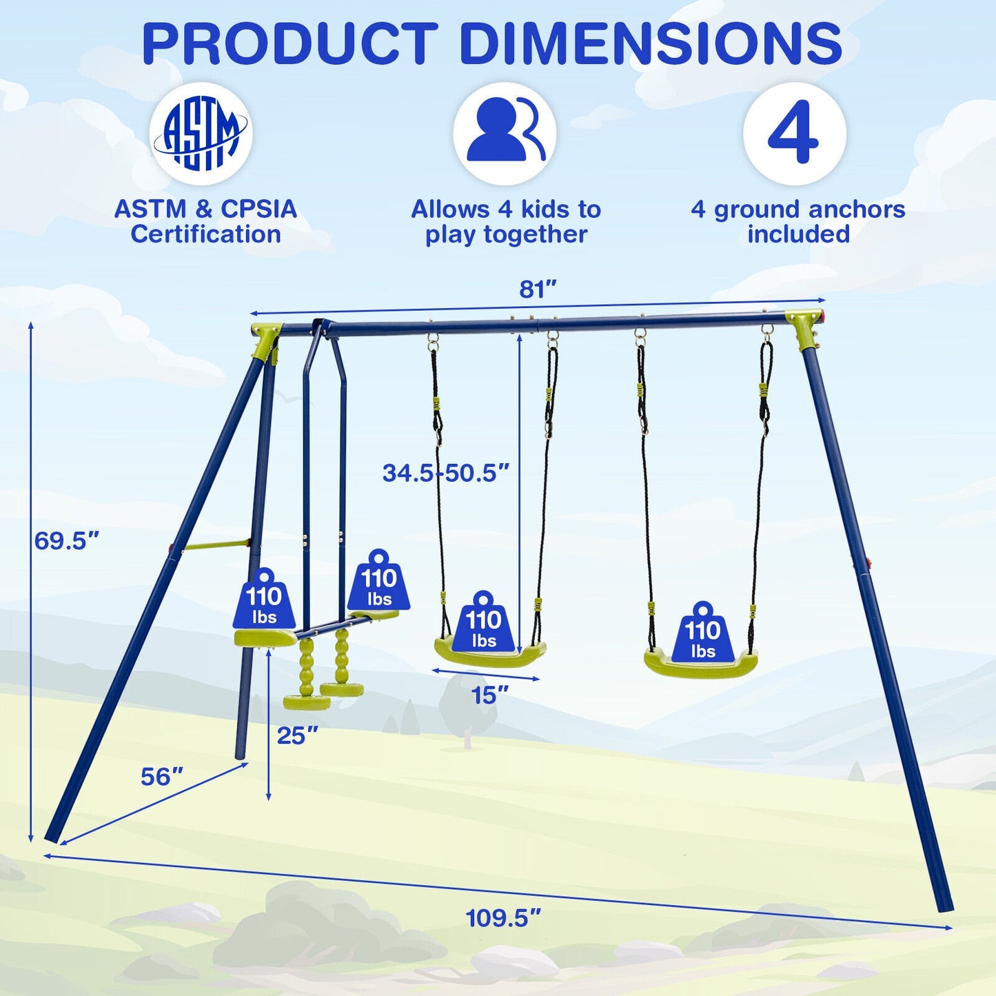 440 Pounds Kids Swing Set with Two Swings and One Glider Kids Crystal