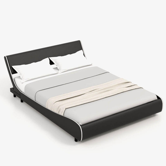 Upholstered Platform Bed Frame Low Profile Faux Leather with Curved Headboard-Queen Size Kids Crystal