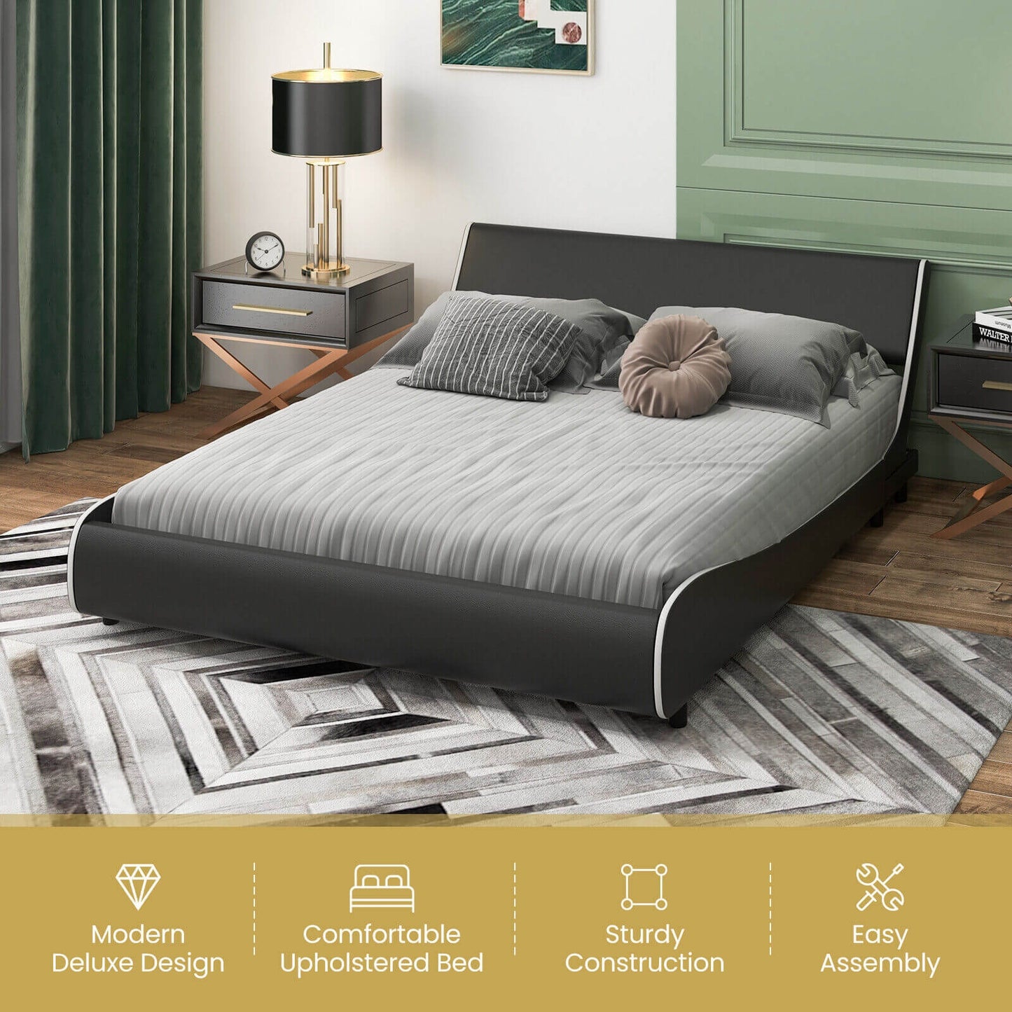 Upholstered Platform Bed Frame Low Profile Faux Leather with Curved Headboard-Queen Size Kids Crystal