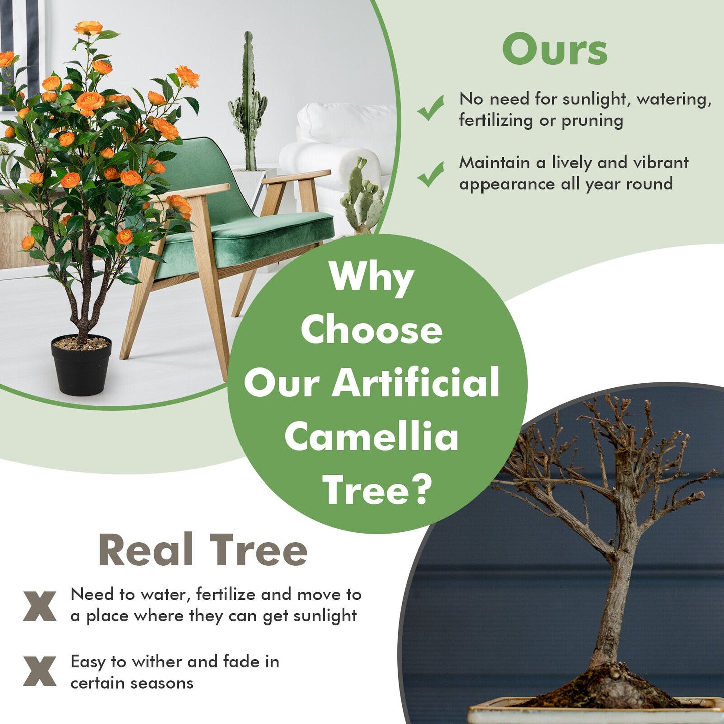 3.3 Feet Artificial Camellia Tree for Indoor and Outdoor Kids Crystal