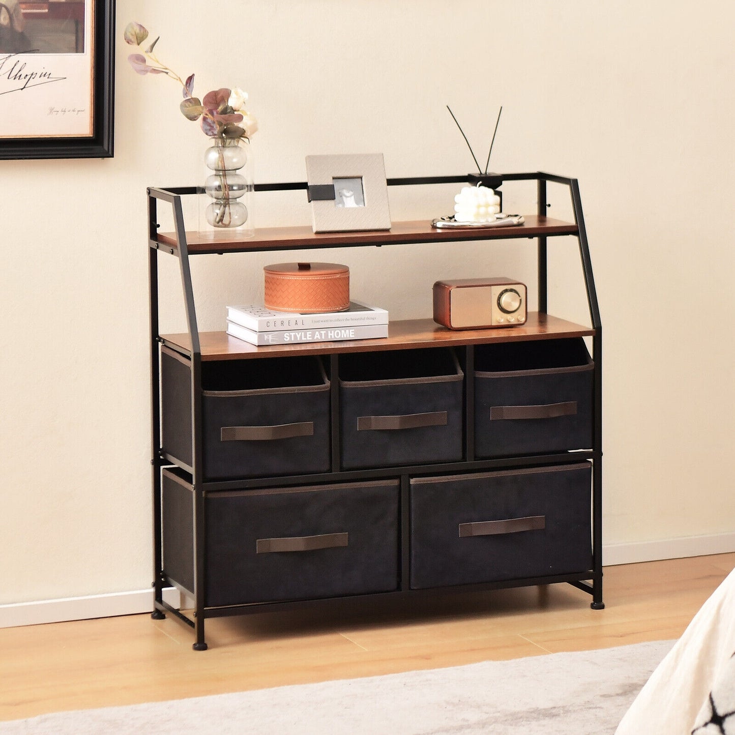 5 Drawers Storage Dresser with Fabric Bin for Living Room Bedroom-Black Kids Crystal