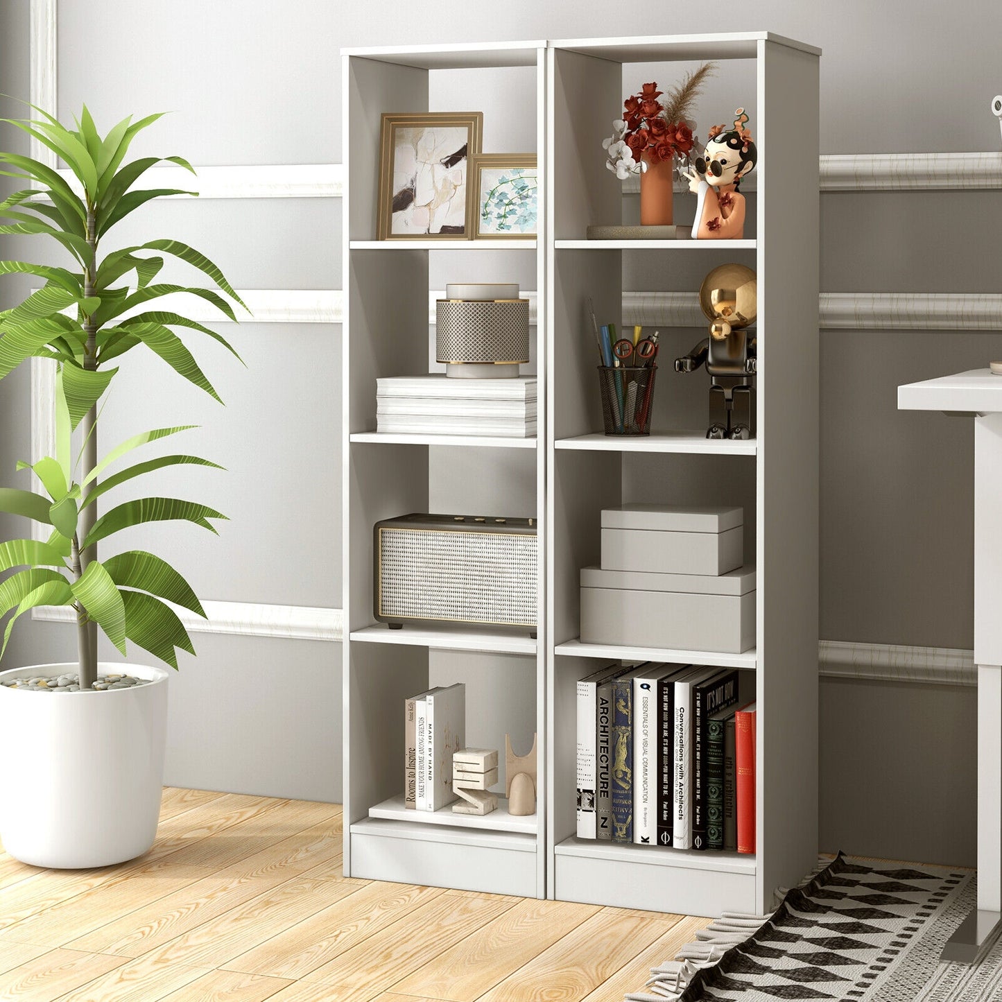 5 Tiers 4-Cube Narrow Bookshelf with 4 Anti-Tipping Kits-White Kids Crystal
