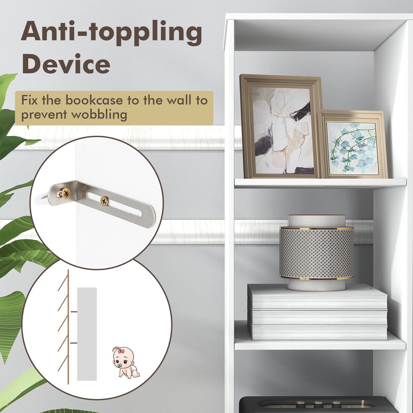 5 Tiers 4-Cube Narrow Bookshelf with 4 Anti-Tipping Kits-White Kids Crystal