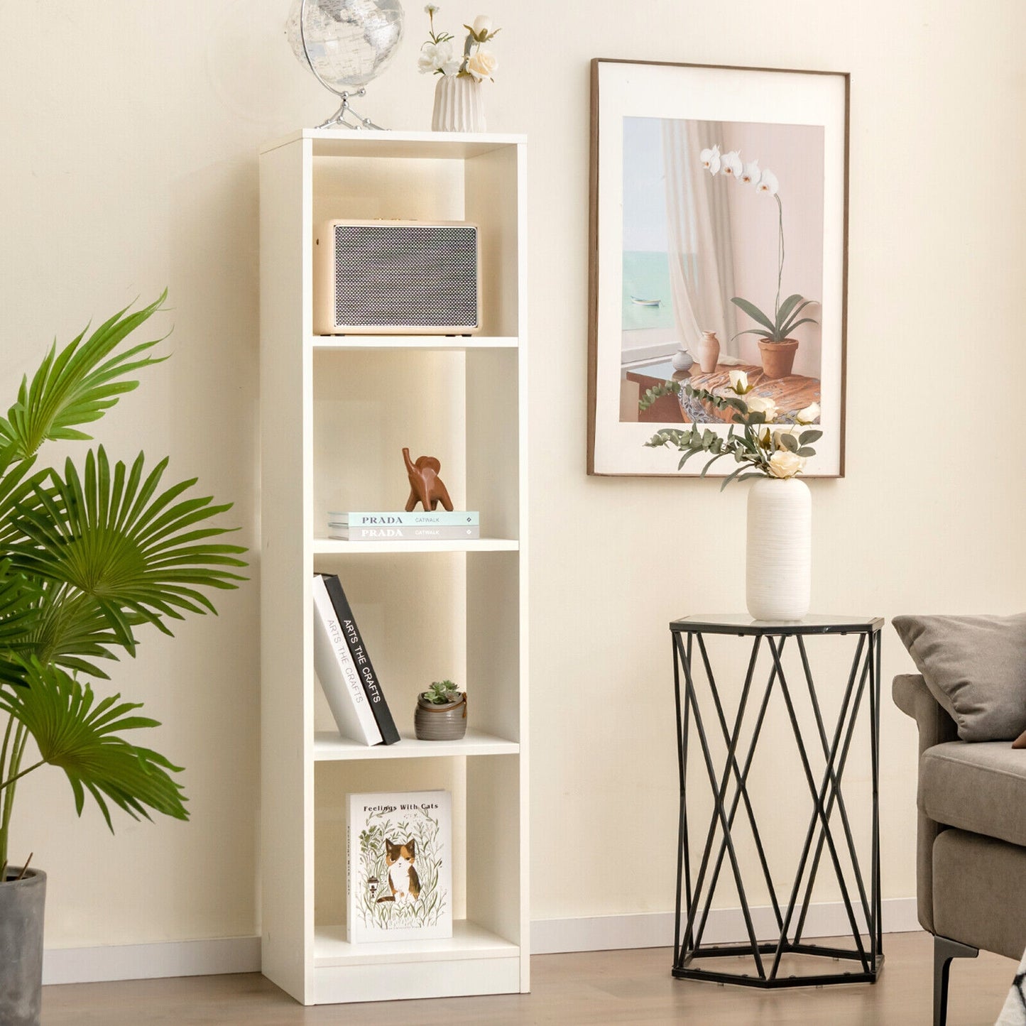 5 Tiers 4-Cube Narrow Bookshelf with 4 Anti-Tipping Kits-White Kids Crystal